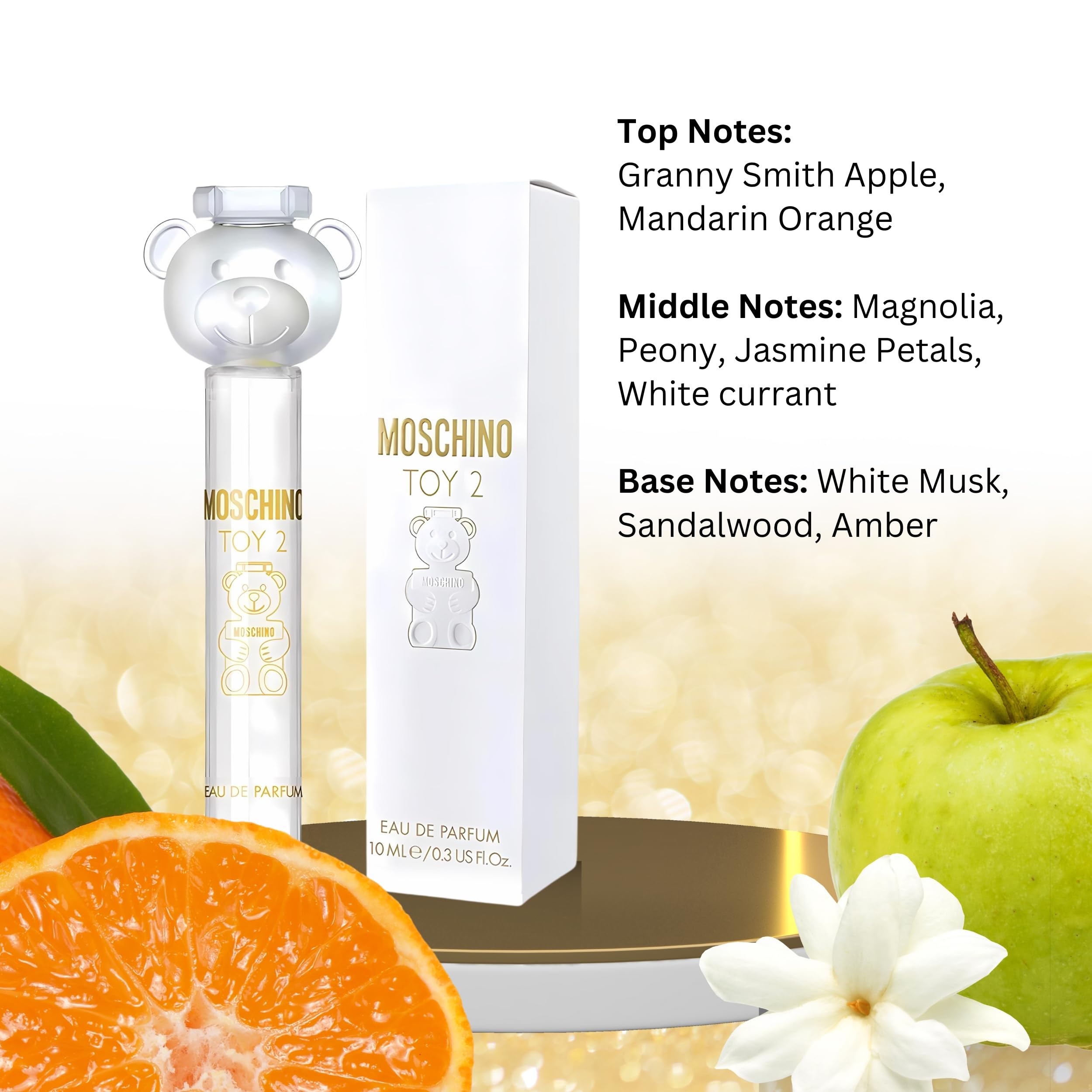 Closeup of Moschino Toy 2 mini EDP atomizer releasing a light mist