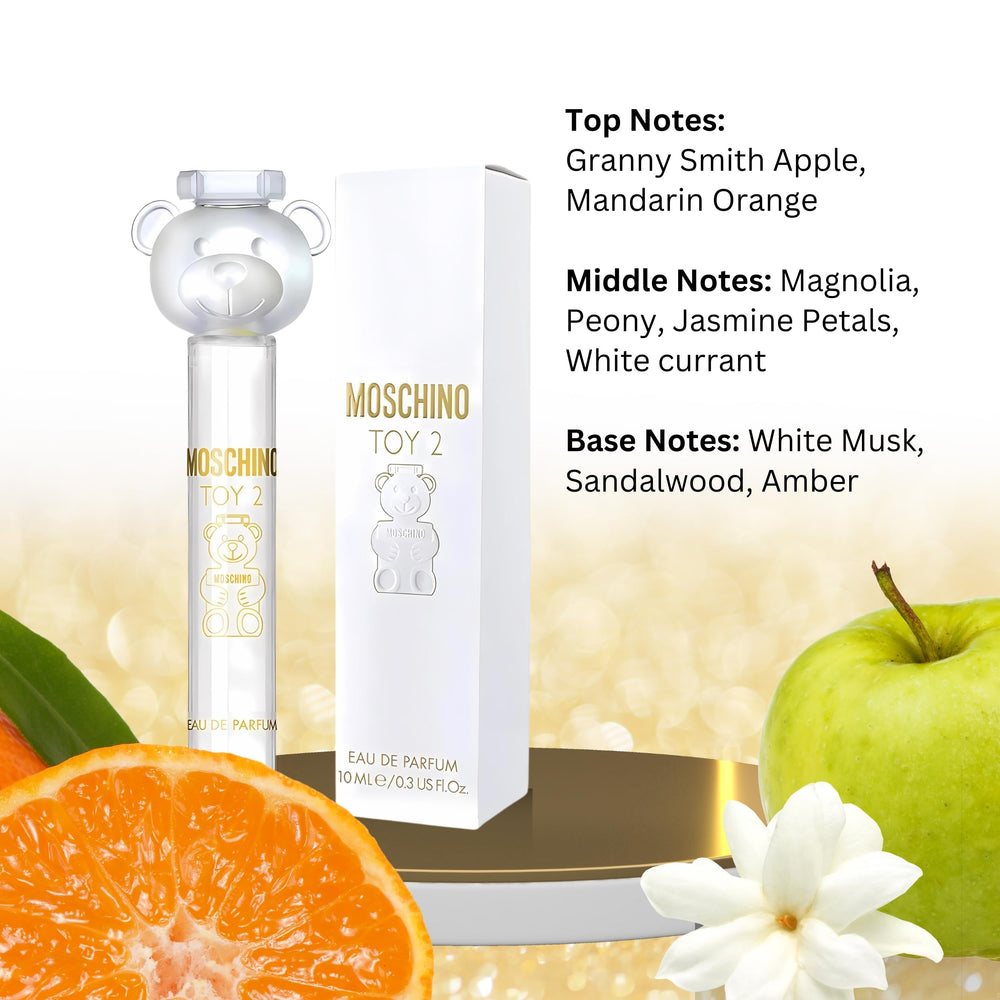 Closeup of Moschino Toy 2 mini EDP atomizer releasing a light mist