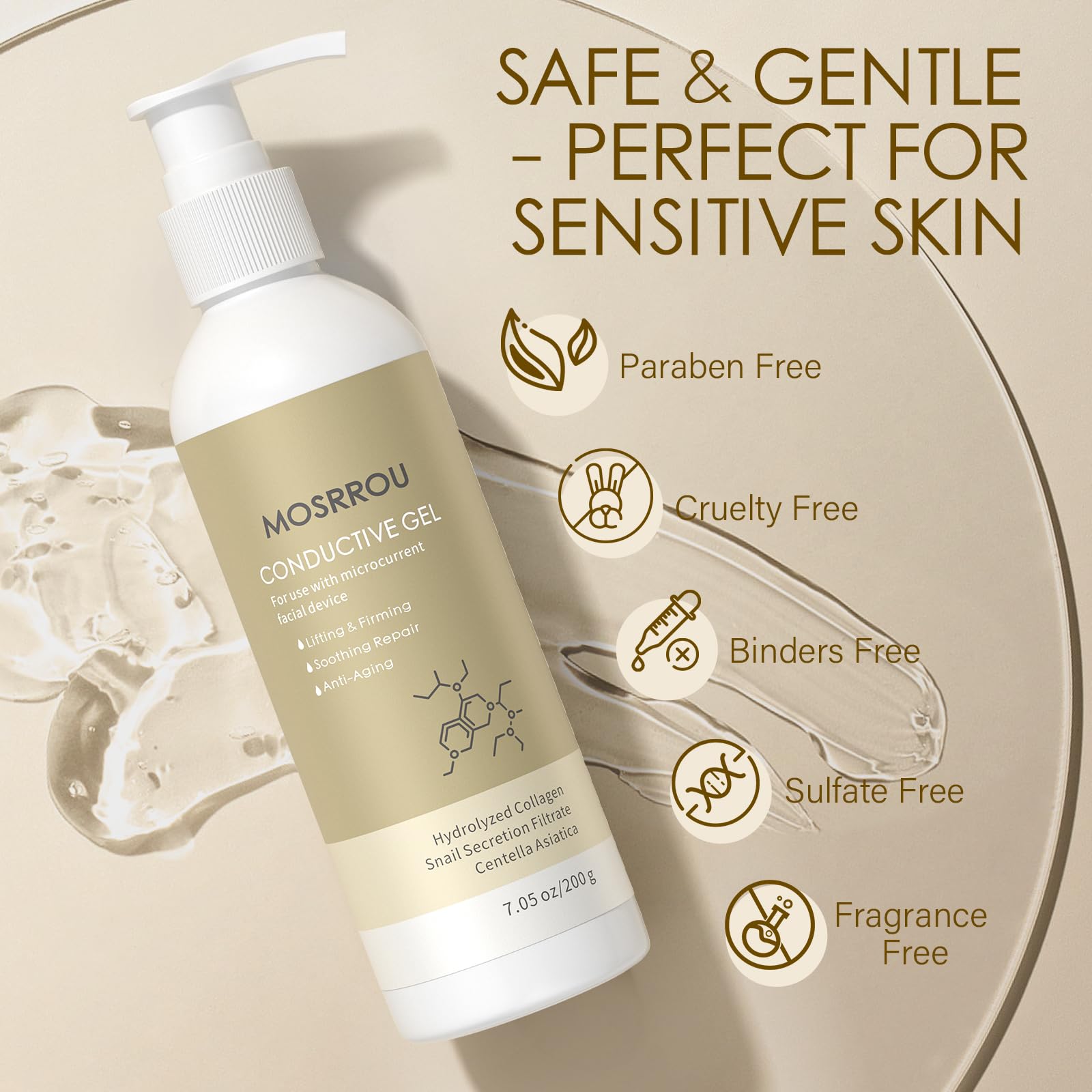 MOSRROU fragrance-free label highlights safe, hypoallergenic primer for sensitive skin.