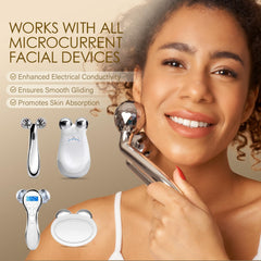 MOSRROU microcurrent gel application scene demonstrates smooth glide for comfortable facial massage.