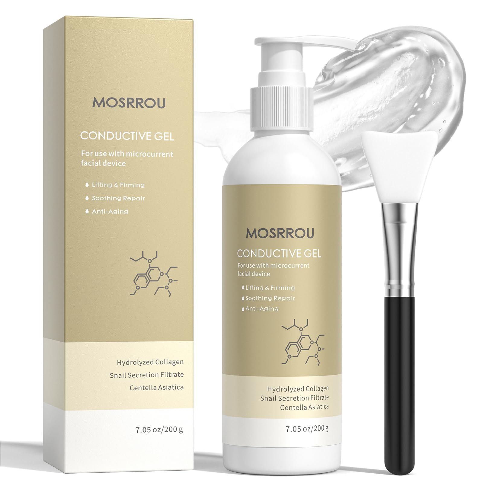 MOSRROU microcurrent gel bottle shown for easy skincare priming and conductivity.