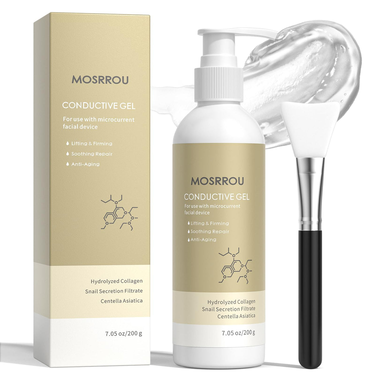 MOSRROU microcurrent gel bottle shown for easy skincare priming and conductivity.