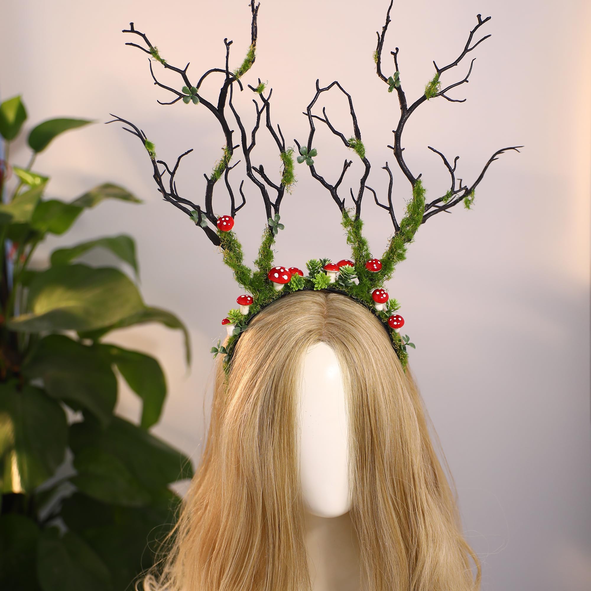 MOSTORY green mushroom branch headband for cosplay look with leaves and butterflies.