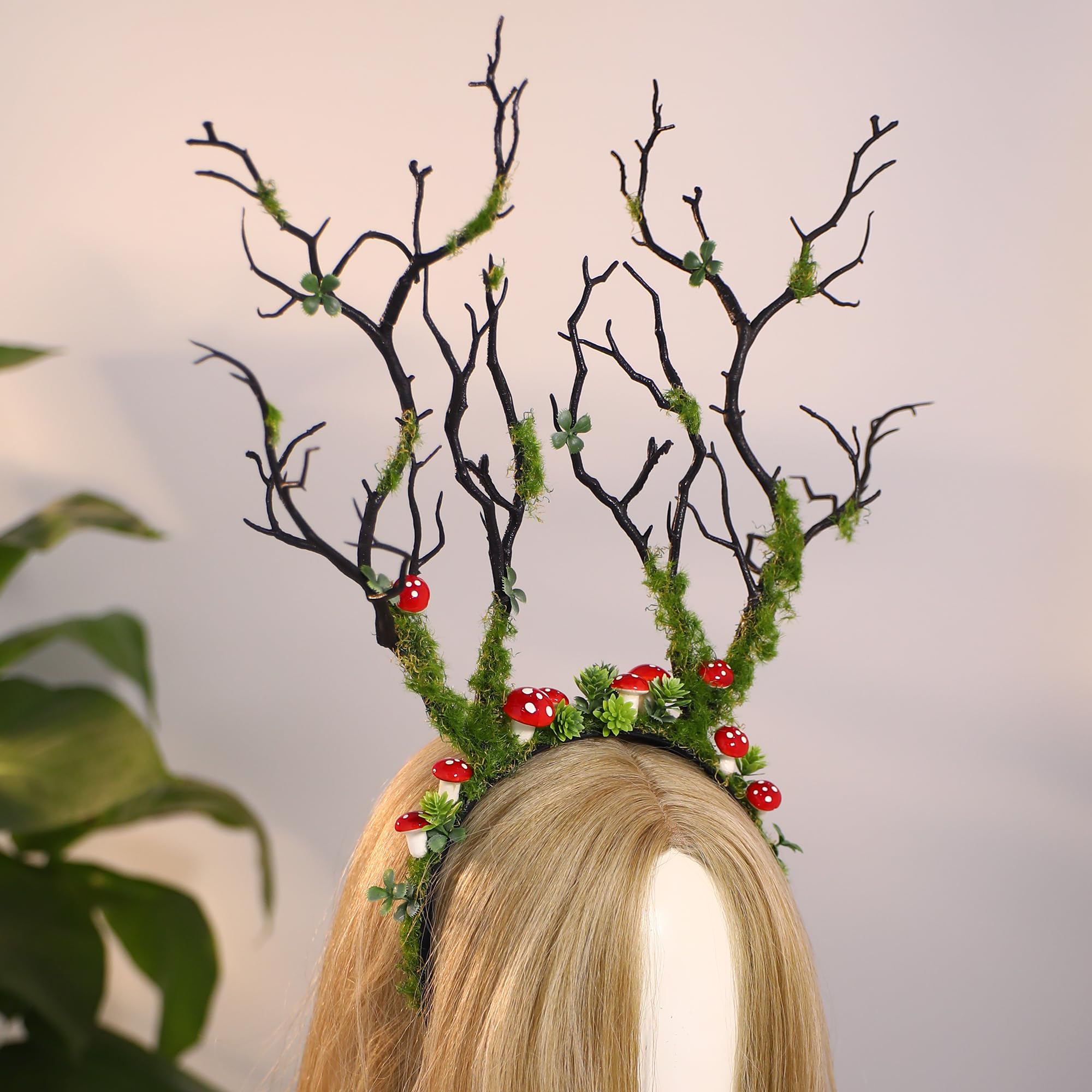 MOSTORY green mushroom branch headband adds wedding-style whimsy and charm.