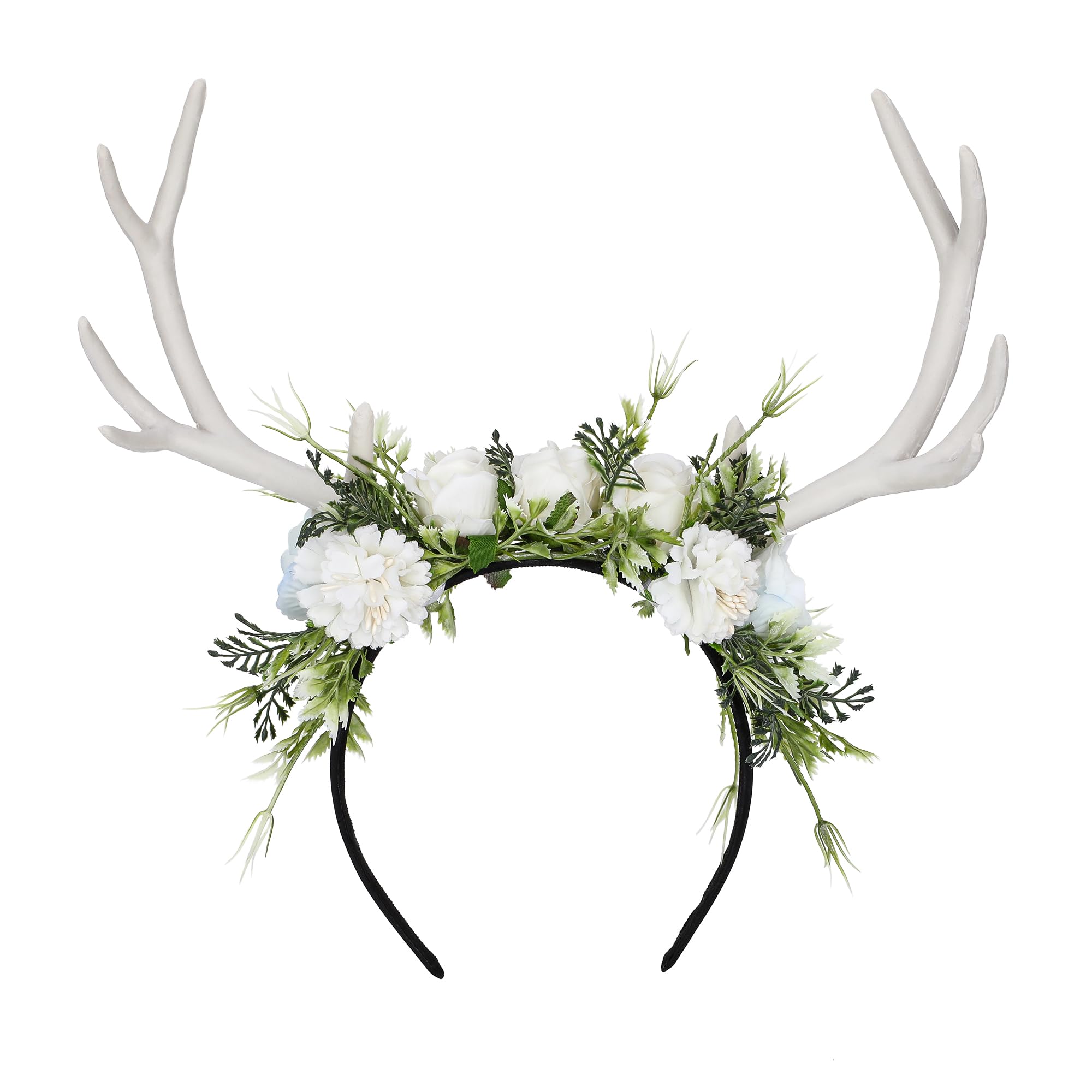 Mostory handmade headpiece with white flowers and deer horns for cosplay and photoshoots