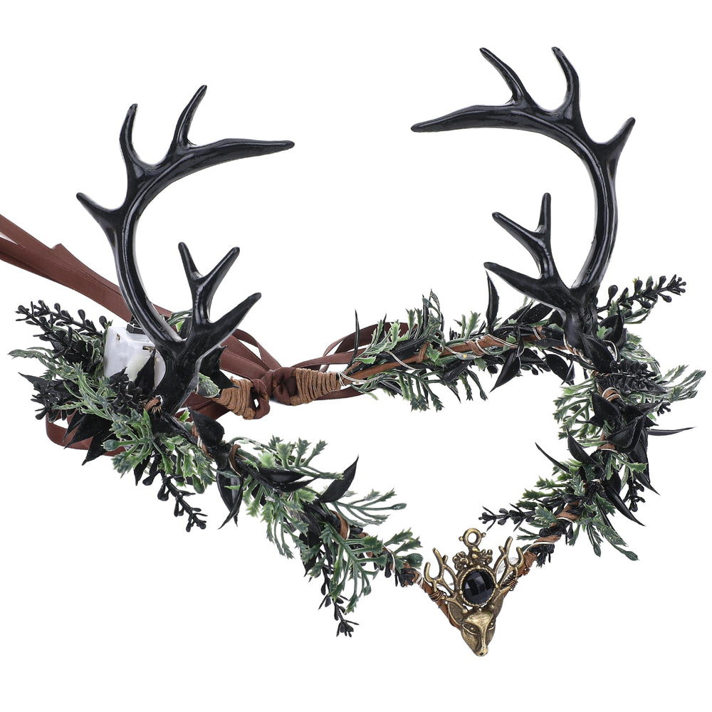 MOSTORY light up elf crown front view with black antlers enhances fantasy cosplay with dramatic illumination.
