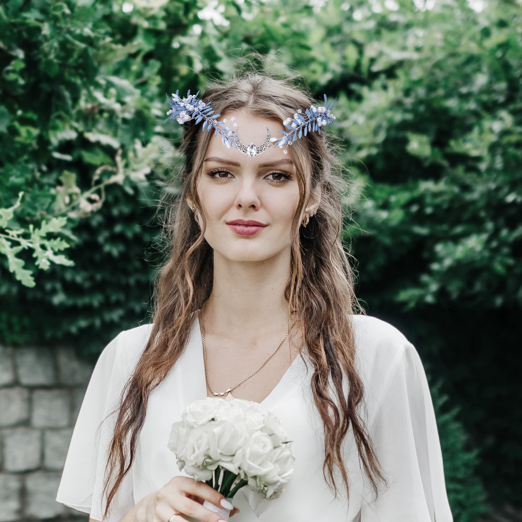 MOSTORY silver leaf crown showcases delicate craftsmanship for versatile wedding portraits