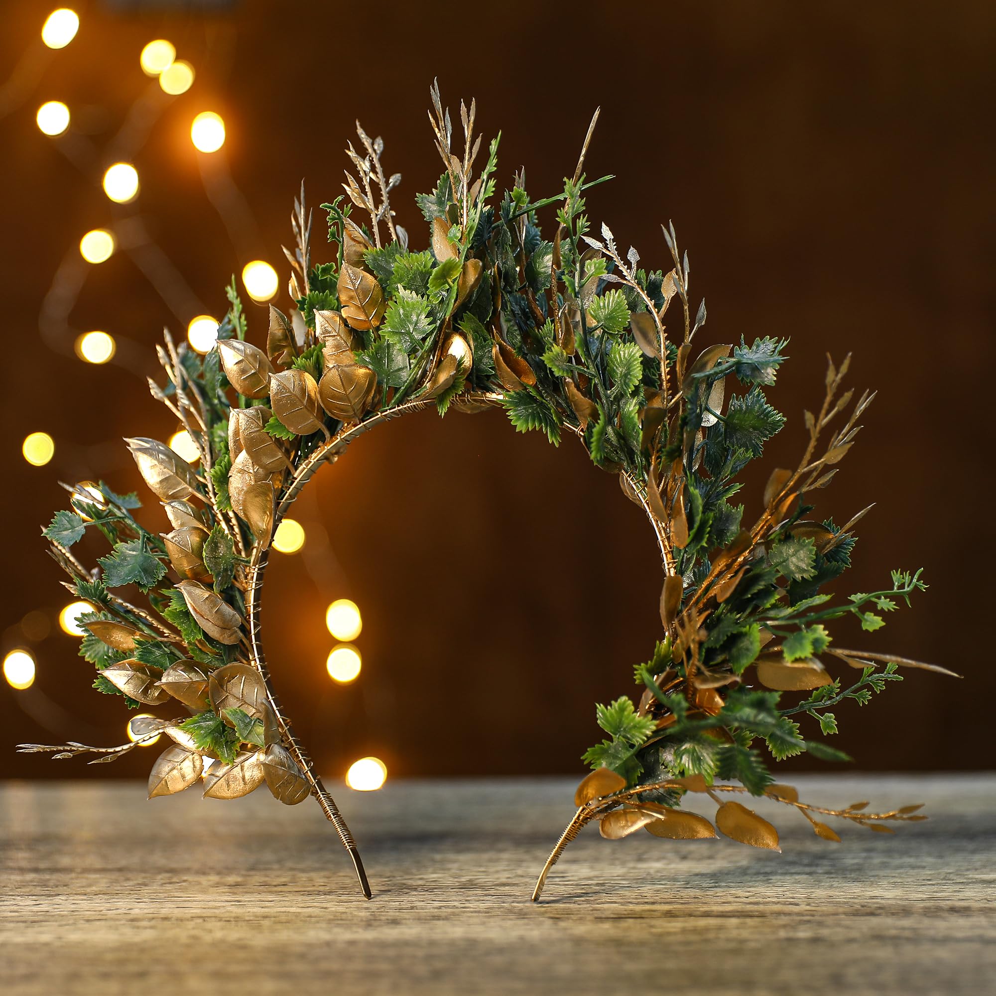 MOSTORY wedding flower crown in gold-green accents for romantic photos