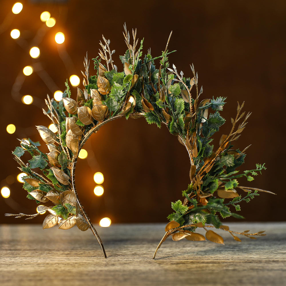 MOSTORY wedding flower crown in gold-green accents for romantic photos