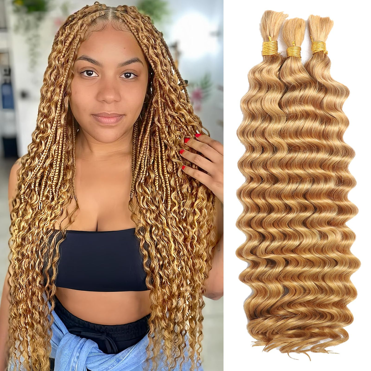 MOTFIN human braiding hair deep wave caramel honey blonde for easy boho knotless braids.