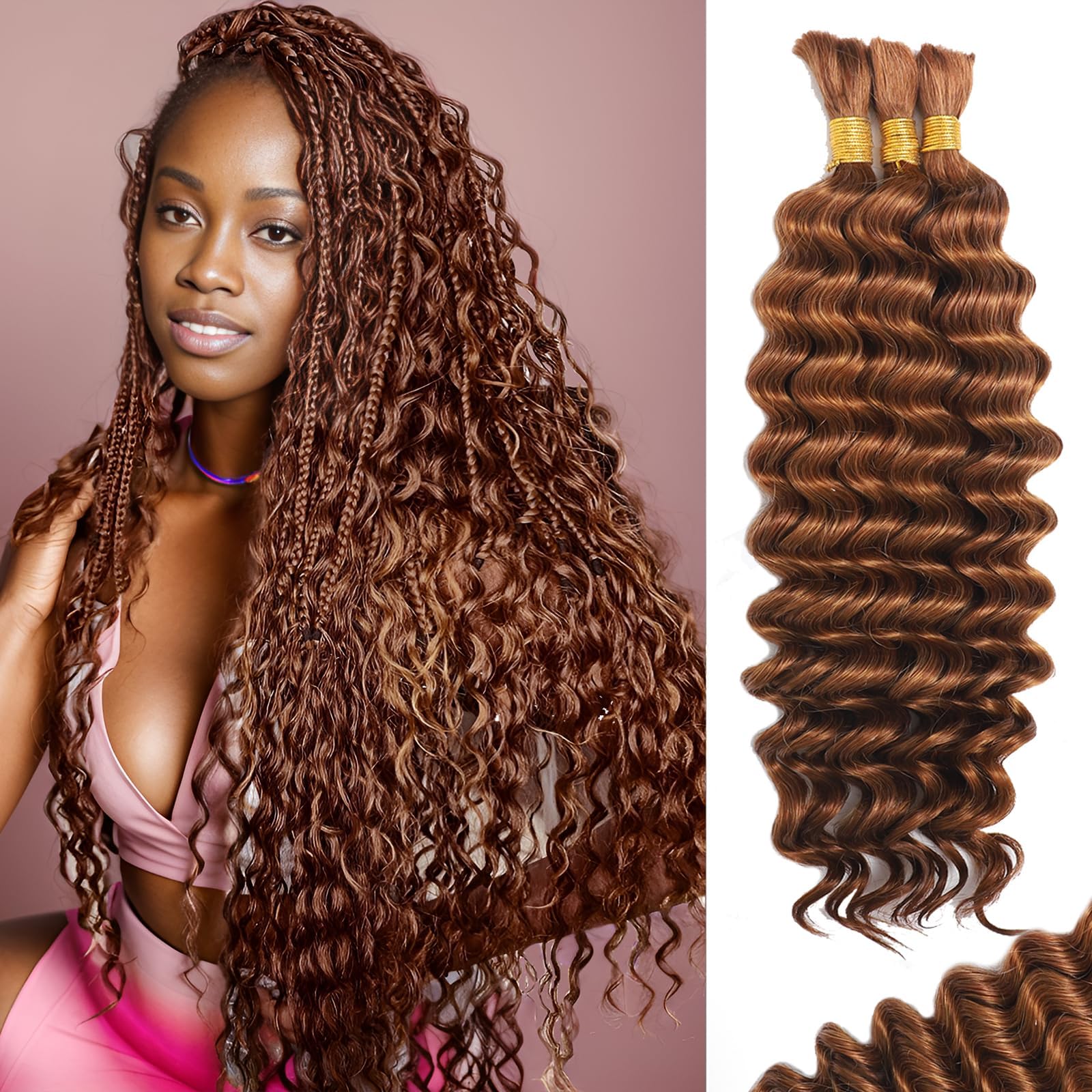 MOTFIN human braiding hair auburn ginger wavy texture for boho styles.