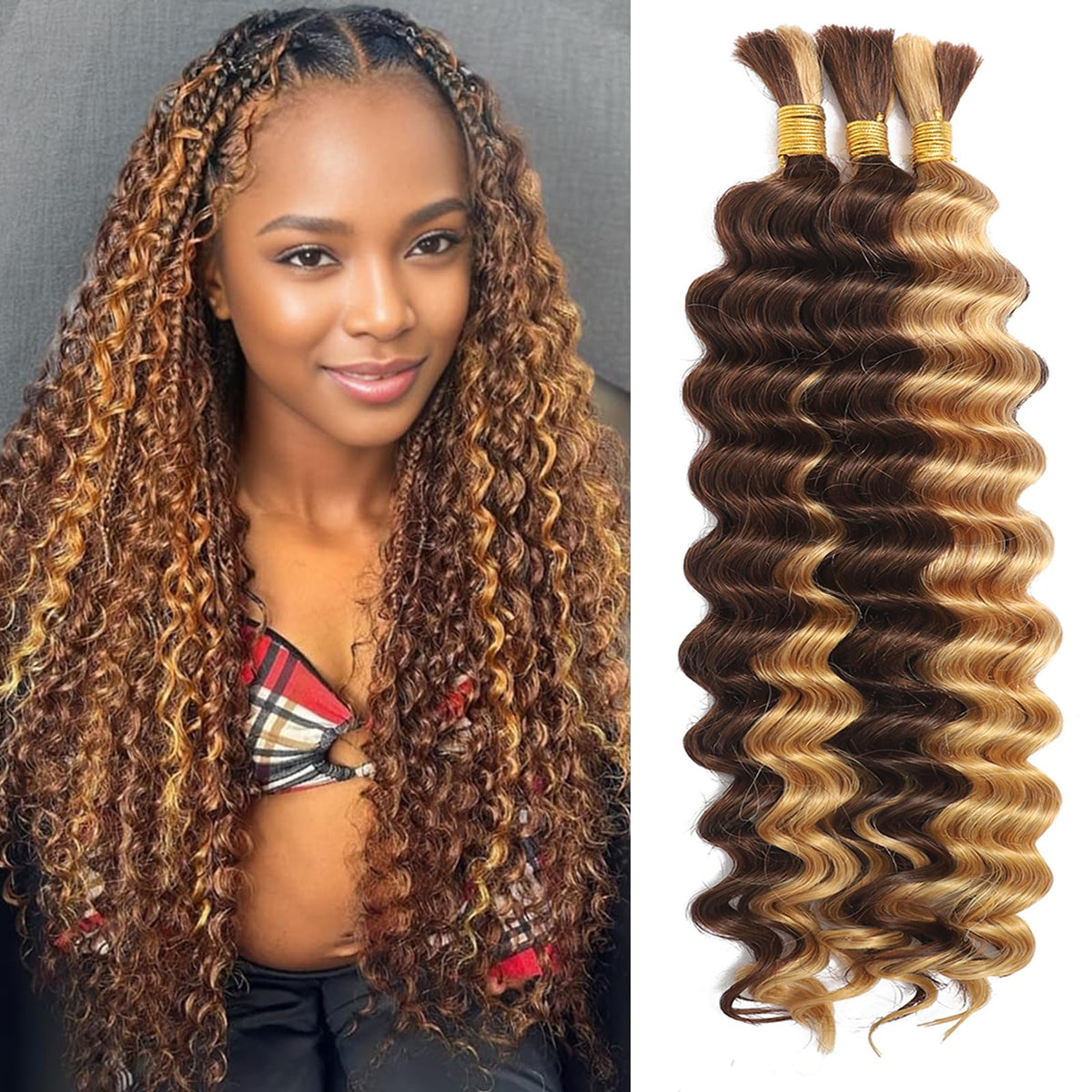 MOTFIN human braiding hair in deep wave texture, 16-inch length, silky and versatile for boho styles.