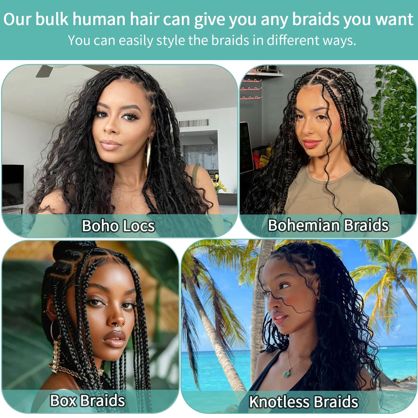 MOTFIN knotless braids image illustrates versatile styling options for boho looks.