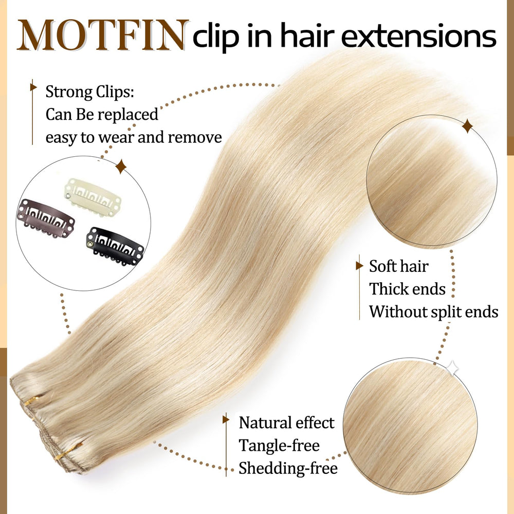 MOTFIN Remy hair clip-ins with secure clips for damage-free wear.