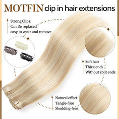 MOTFIN Remy hair clip-ins with secure clips for damage-free wear.