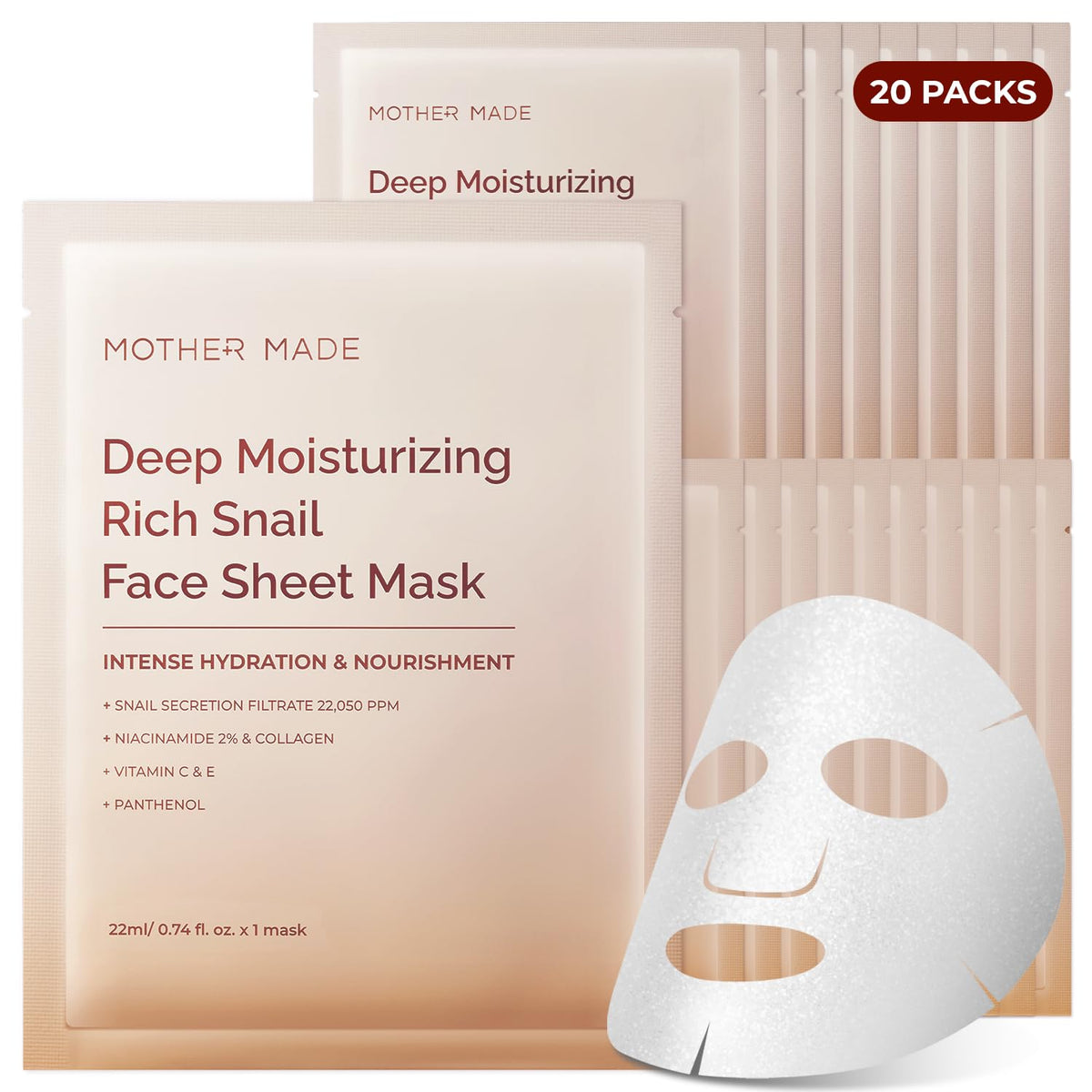 Mother Made Glowing Glass Skin snail mask 20-pack for deep hydration and radiant skin