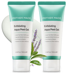 MOTHER MADE LHA green tea exfoliating aqua peel gel bottle closeup shows gentle exfoliation.