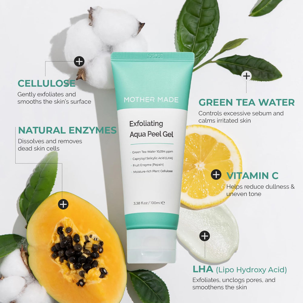MOTHER MADE LHA green tea exfoliating aqua peel gel hydration for nourished skin.