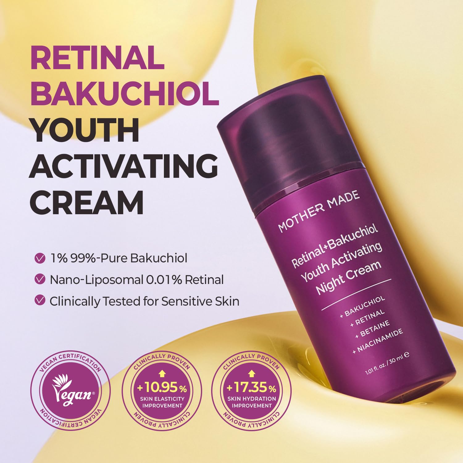MOTHER MADE Retinol Bakuchiol Night Cream swirl on skin showing smooth texture