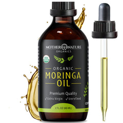 Mother Nature Organics Moringa Oil bottle shows organic purity for skin and hair.
