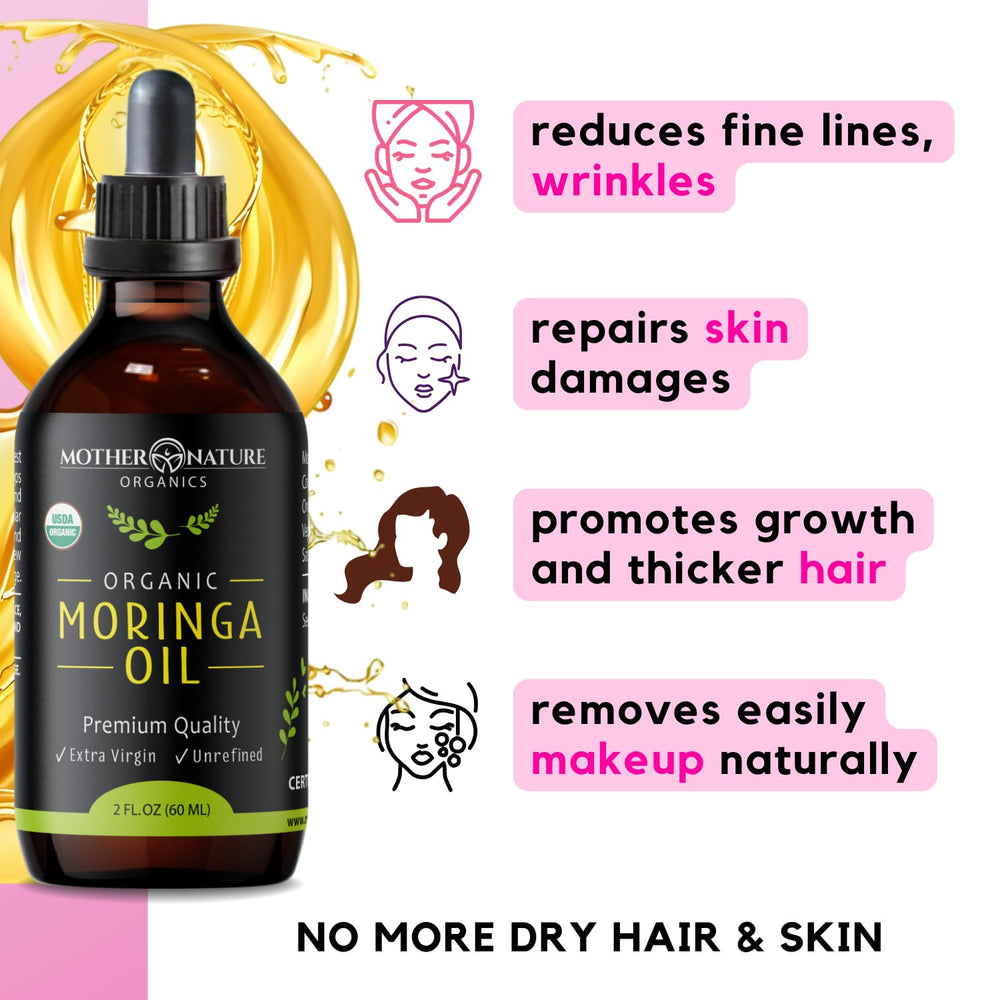 Mother Nature Organics Moringa Oil used on damp hair for shine.