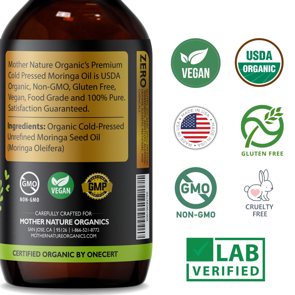 Mother Nature Organics Moringa Oil on face for lightweight glow.