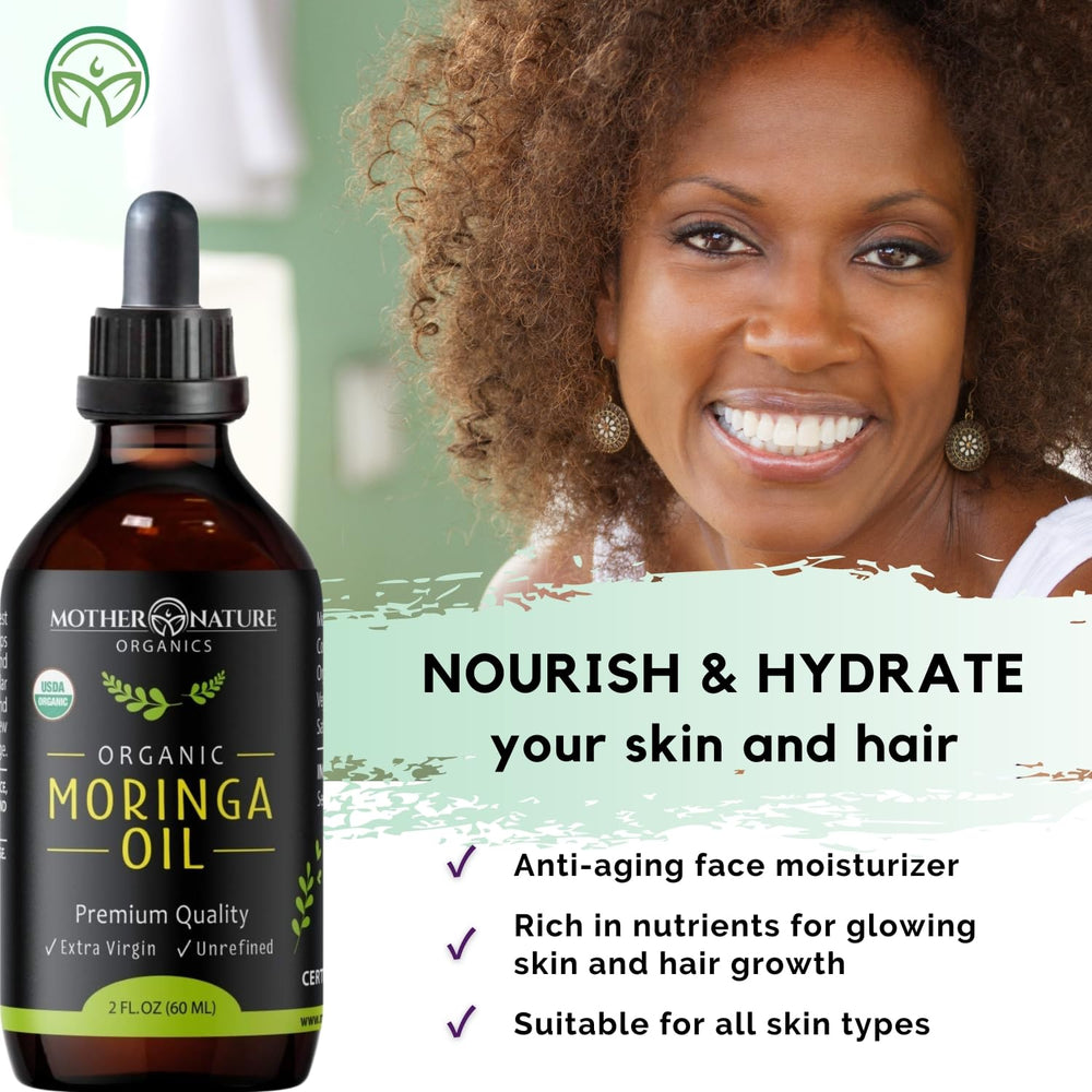 Mother Nature Organics Moringa Oil bottle in hair care routine.