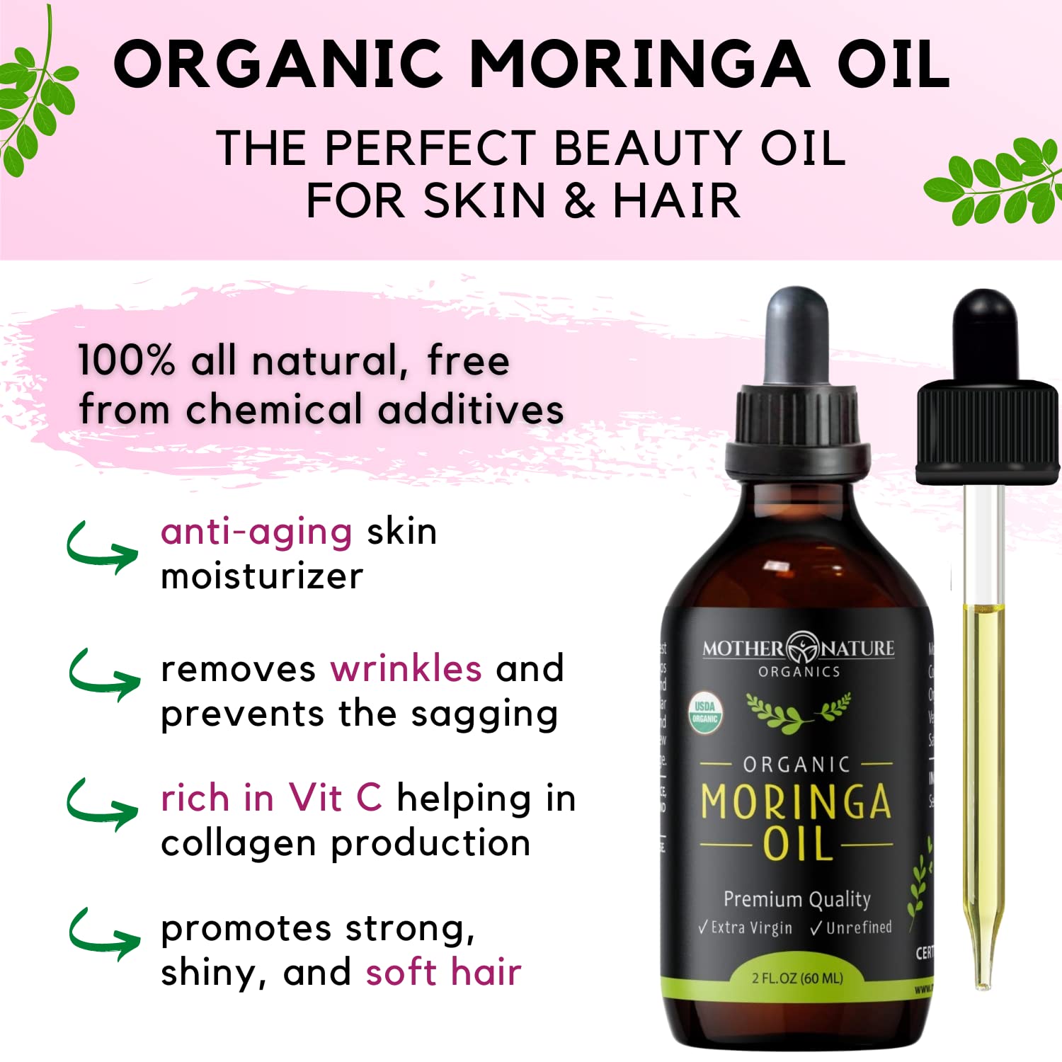 Mother Nature Organics Moringa Oil ingredients panel and bottle.