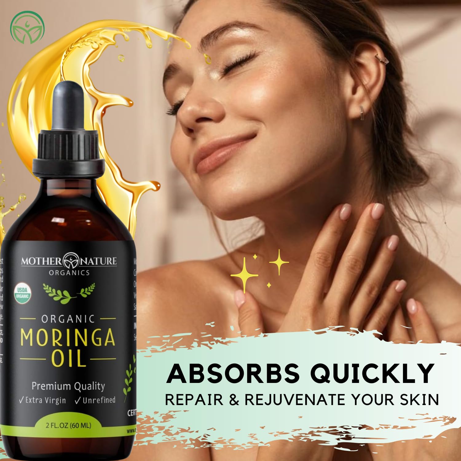 Mother Nature Organics Moringa Oil label highlights USDA Organic certification.