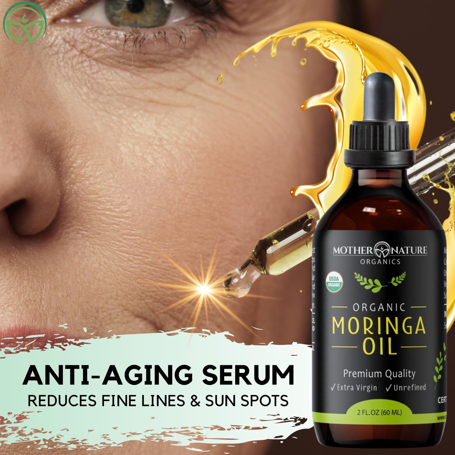 Mother Nature Organics Moringa Oil pour demonstrates quick absorption on skin.