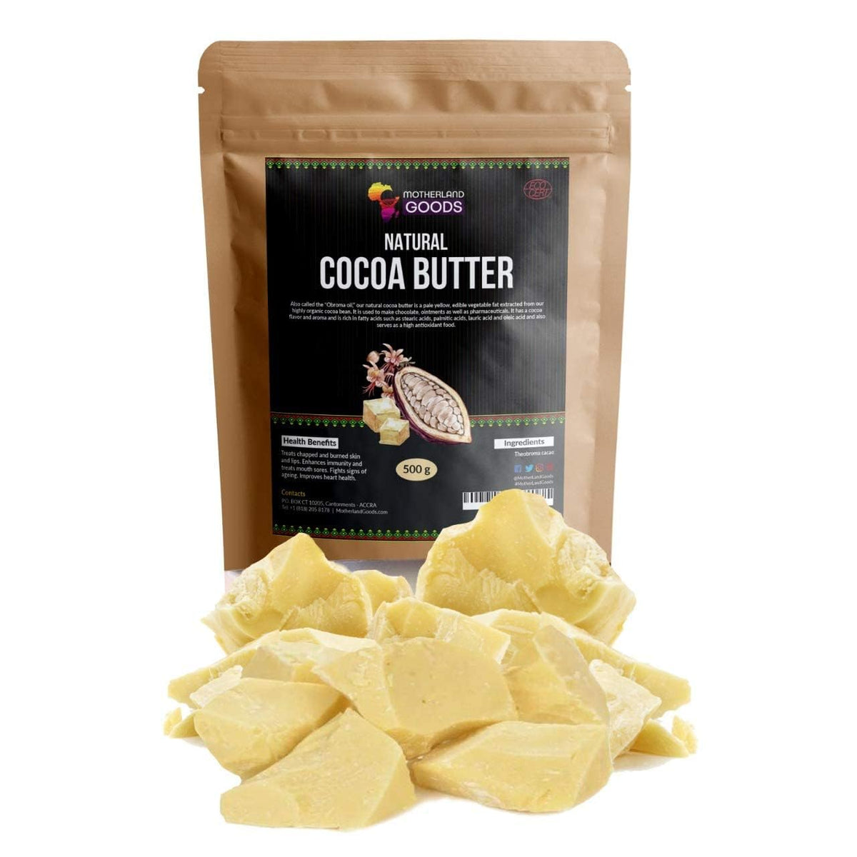Motherland Goods natural cocoa butter chunks for DIY body butter and skin hydration.