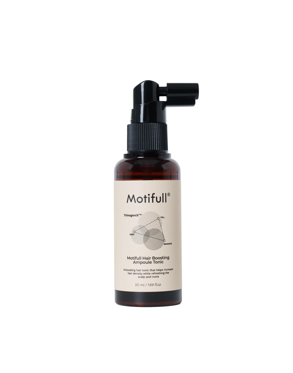Motifull Hair Boost Ampoule bottle shows premium scalp care for fuller-looking hair