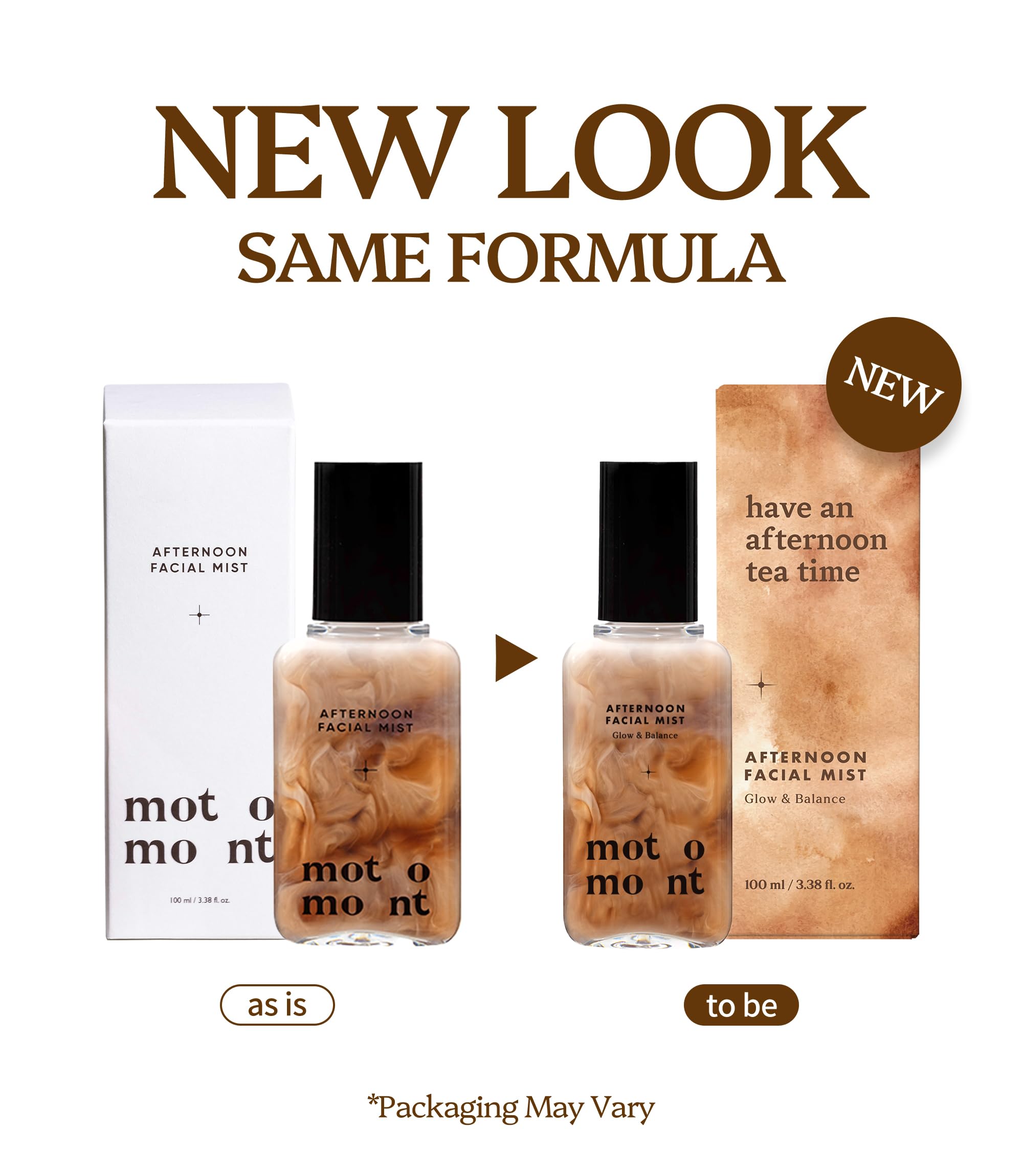 Motomont Milk Tea Mist being sprayed on the face for quick, radiant hydration.