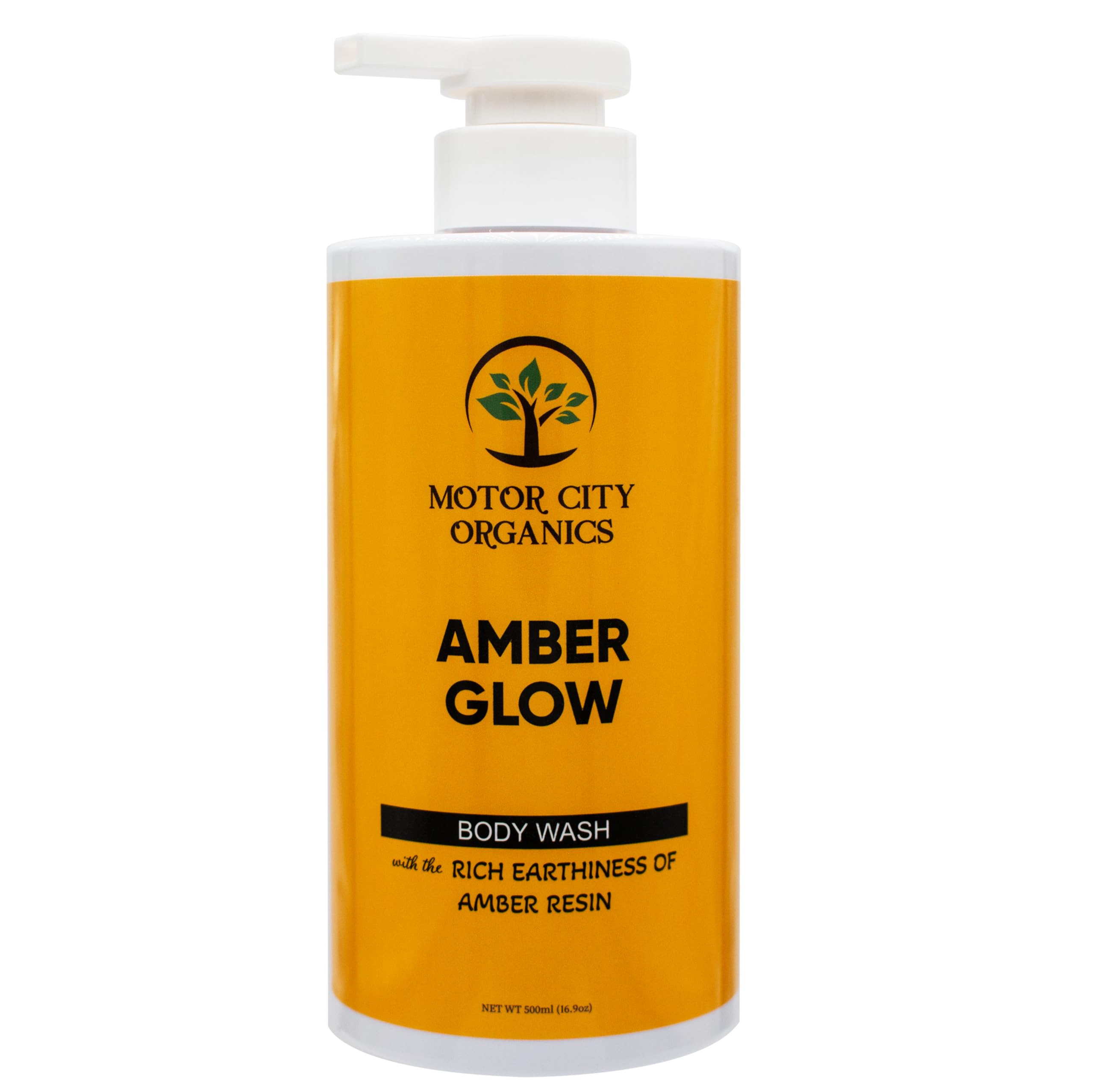 Motor City Organics Amber Glow bottle pour shows a creamy, moisturizing texture for cleansing.