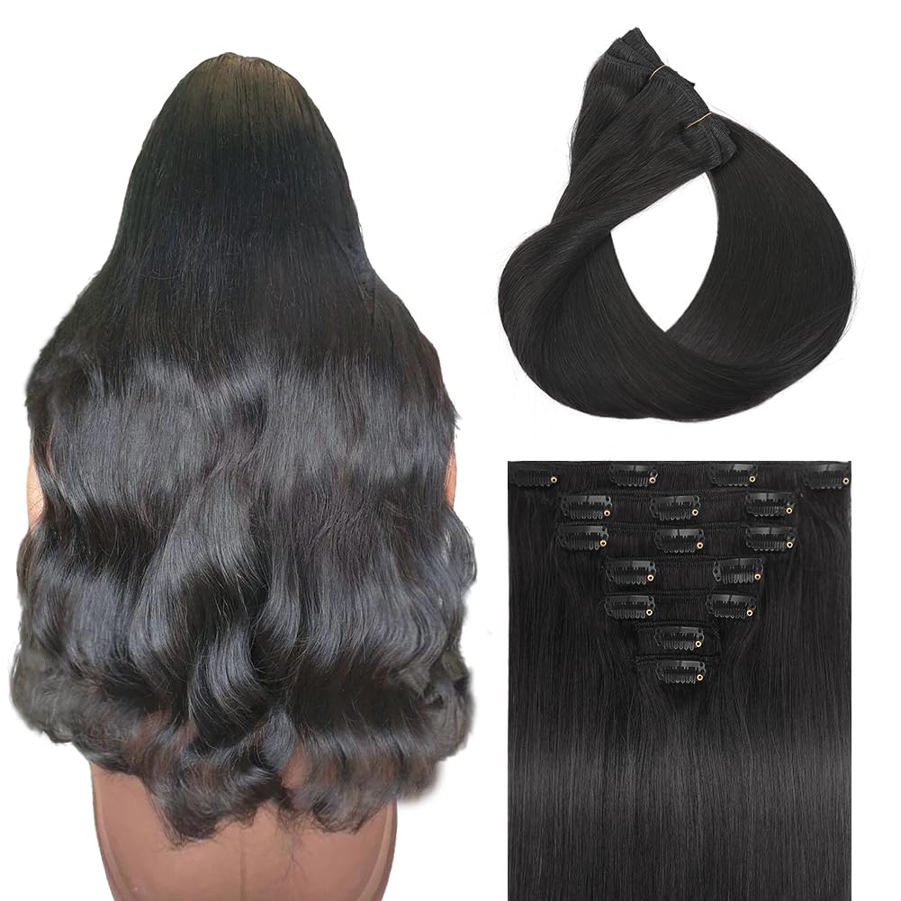 Moucyo clip-in extensions in 1B natural black add instant volume.