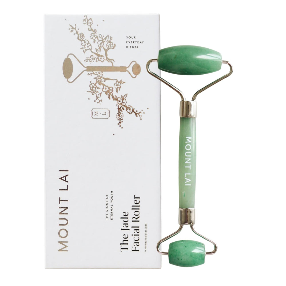 Mount Lai de-puffing jade roller close-up, reducing puffiness for a refreshed glow.
