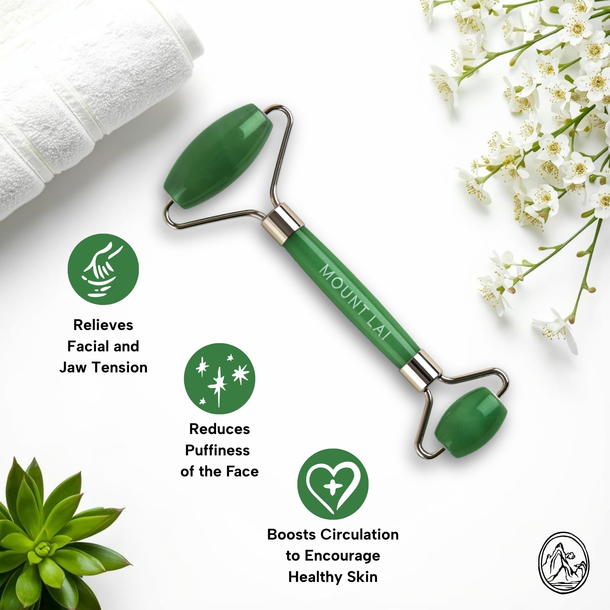 Mount Lai jade roller showcasing cooling sensation for soothing skin.