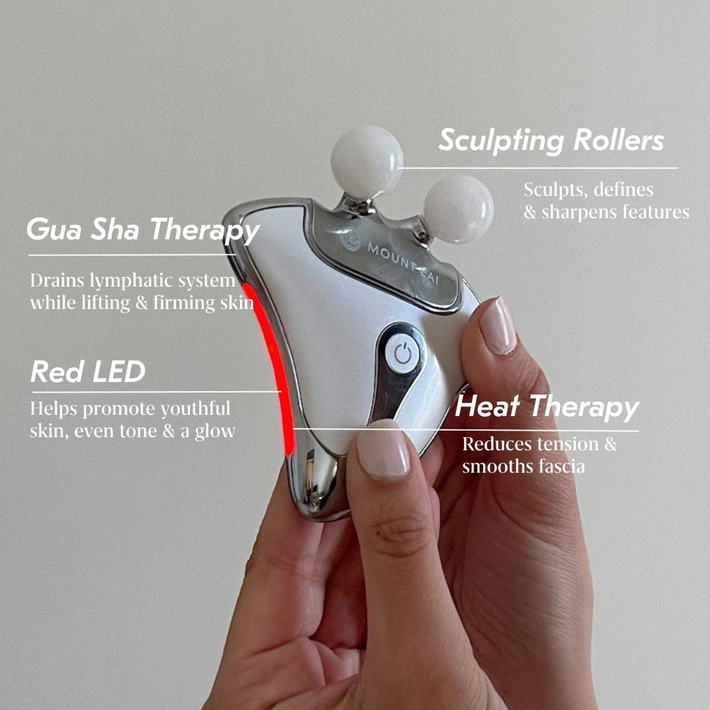 Mount Lai device in use on the cheek for lifted-looking definition.