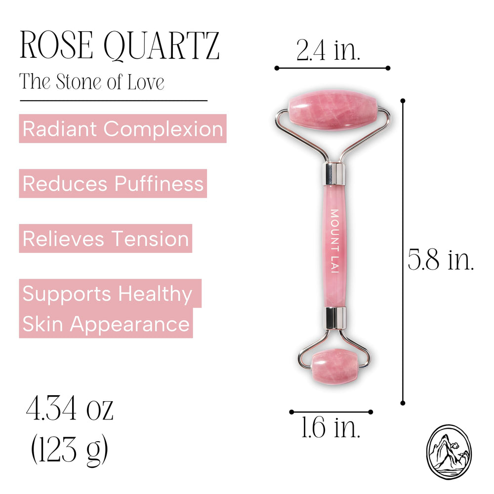 Mount Lai rose quartz roller used around the eyes for gentle puff reduction