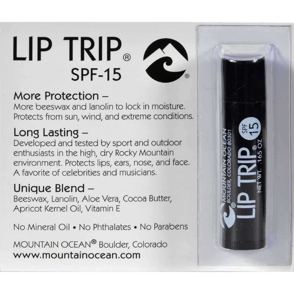 Mountain Ocean Lip Trip 0.165 oz tube protects lips from sun and wind during outdoor adventures.