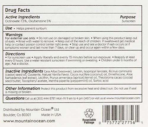 Mountain Ocean Lip Trip SPF 15 flavor label close-up, vanilla and peppermint notes for refreshing lip care