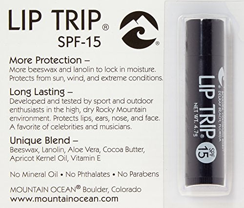 Mountain Ocean Lip Trip SPF 15 tube close-up, moisturizing balm with vanilla and peppermint