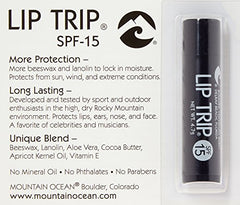 Mountain Ocean Lip Trip SPF 15 tube close-up, moisturizing balm with vanilla and peppermint