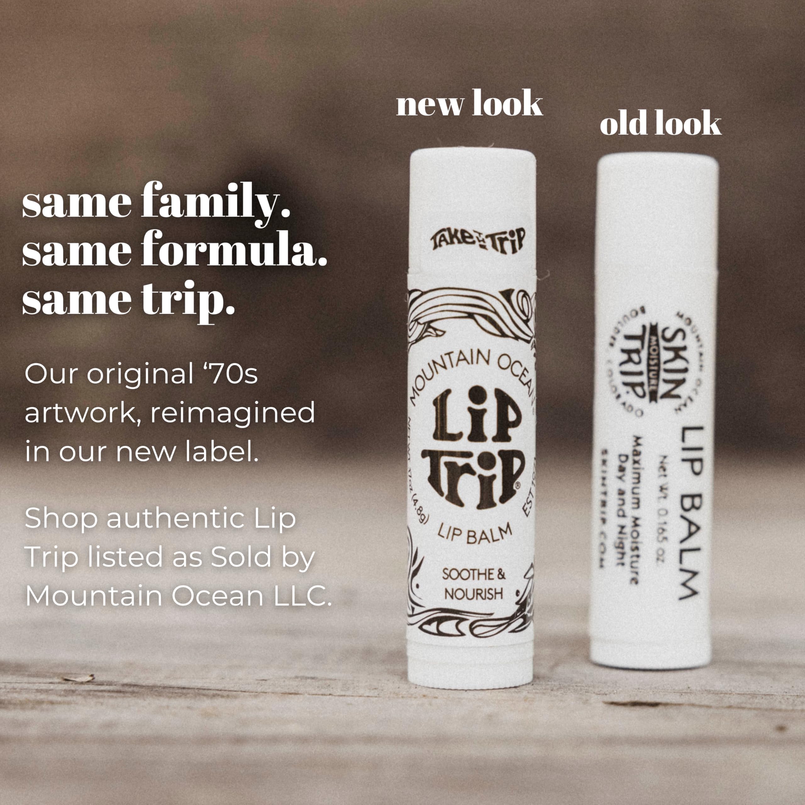 Mountain Ocean lip balm with new-look label on the tube.