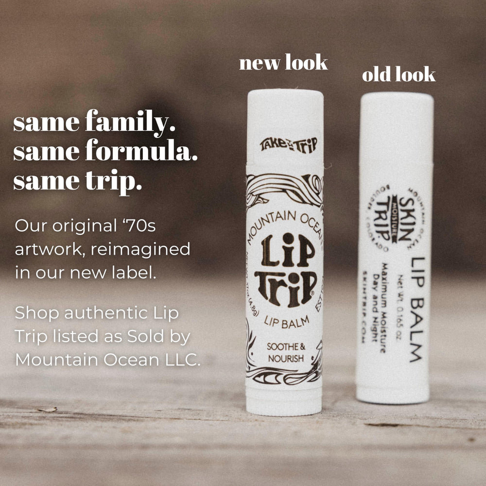Mountain Ocean lip balm with new-look label on the tube.