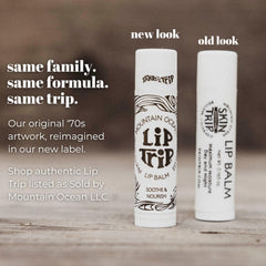 Mountain Ocean lip balm with new-look label on the tube.