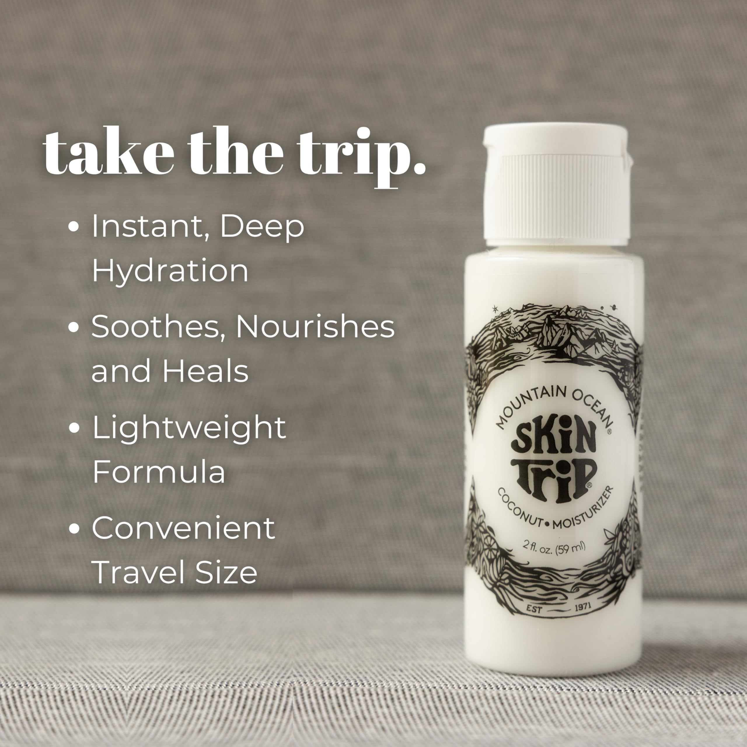 Mountain Ocean Skin Trip coconut lotion set, compact travel-friendly packs.