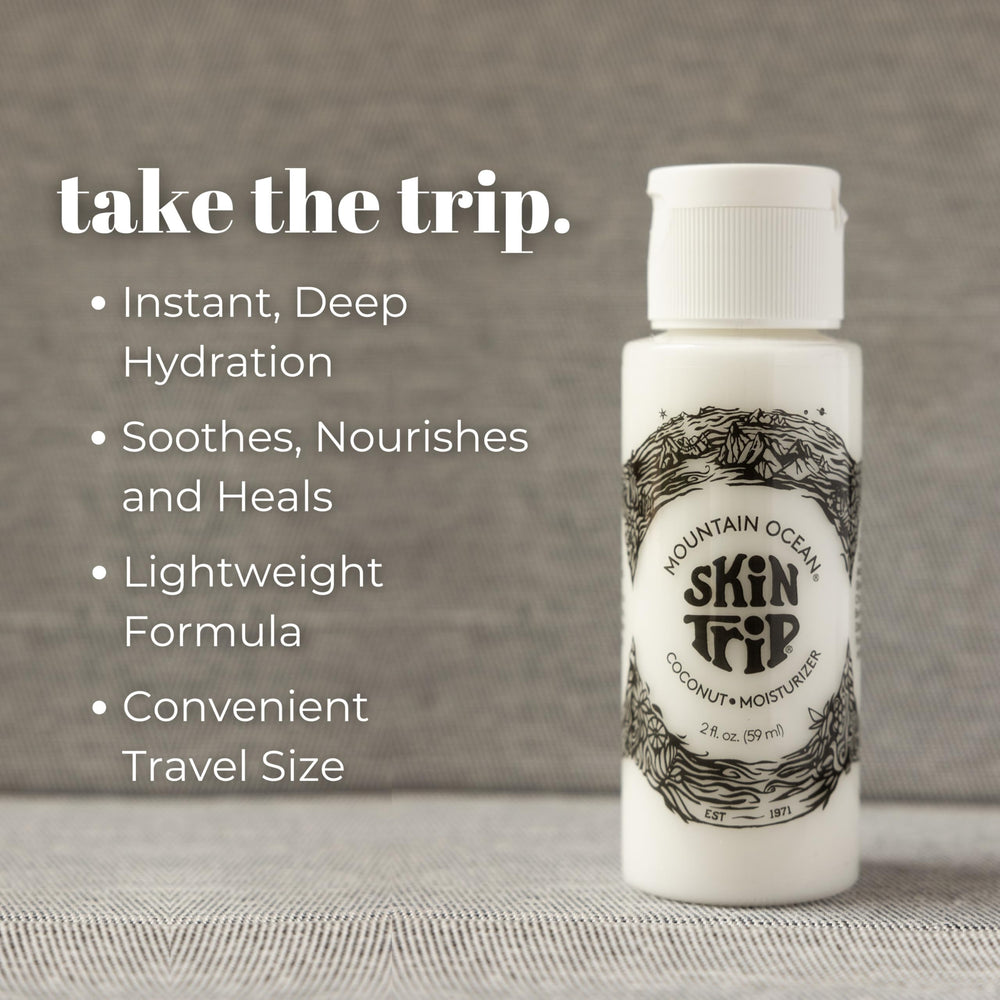 Mountain Ocean Skin Trip coconut lotion set, compact travel-friendly packs.