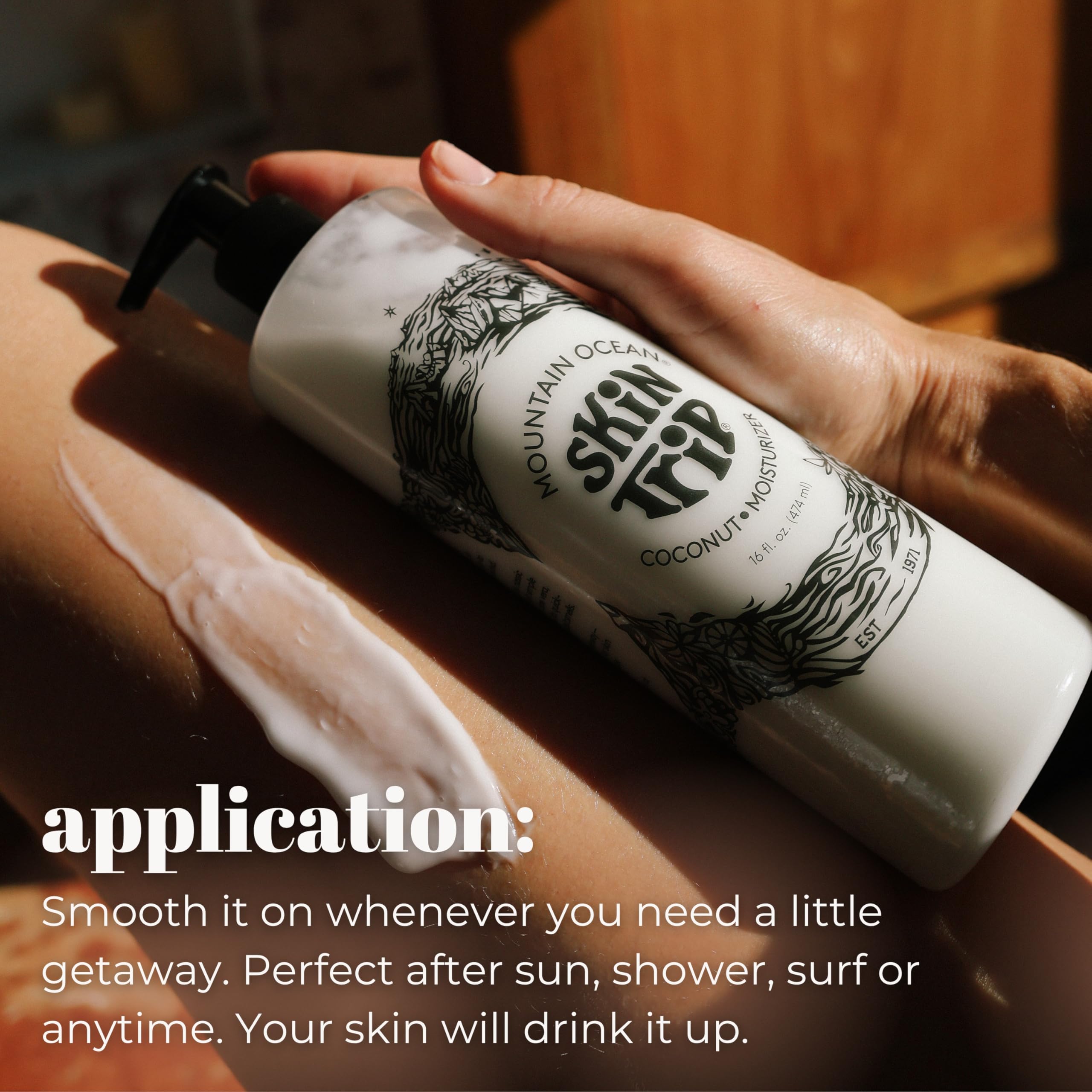 Mountain Ocean Skin Trip Coconut Body Lotion pump close-up highlighting the dispenser.