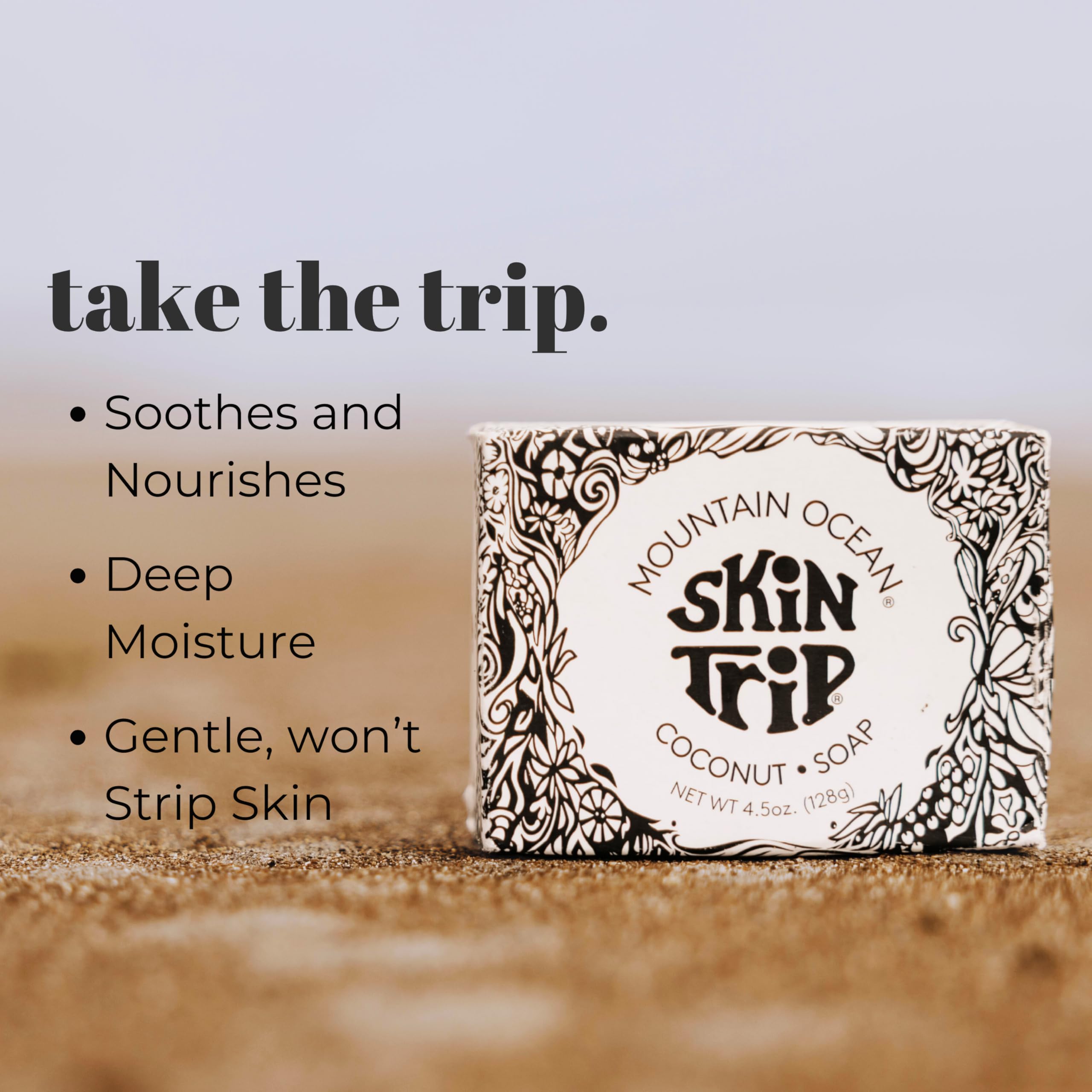 Coconut oil infusion nourishes skin in Mountain Ocean Skin Trip Coconut Soap.